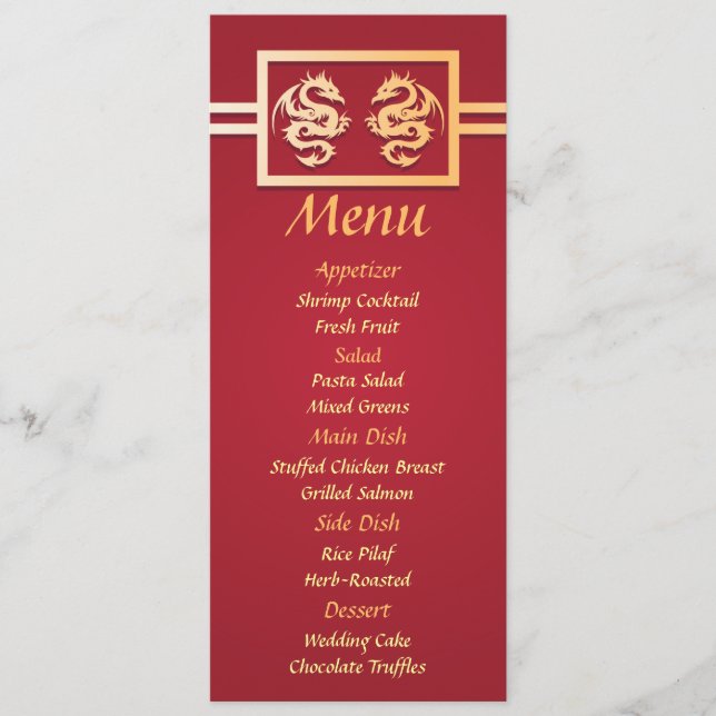 Menú de cena de recepción de boda con dragón rojo  (Anverso)