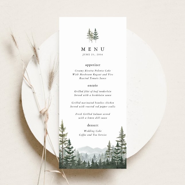 Menú de Cena de Recepción de Boda de Bosque de Mon (Mountain Forest Wedding Menu, Sage Green Pine Tree Wedding Menu Card, Woodland Reception Dinner Menu)