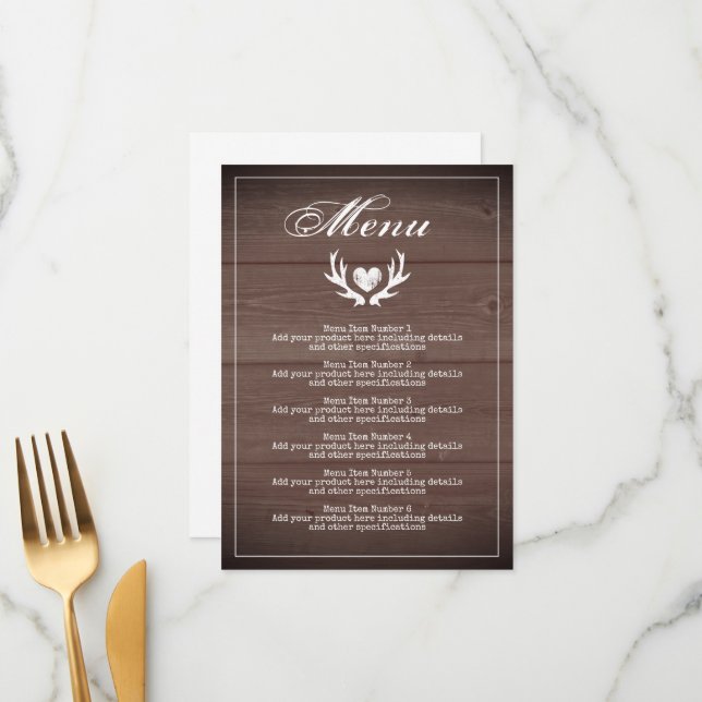 Menú de cena de recepción de boda de madera marrón (Anverso/Reverso In Situ)