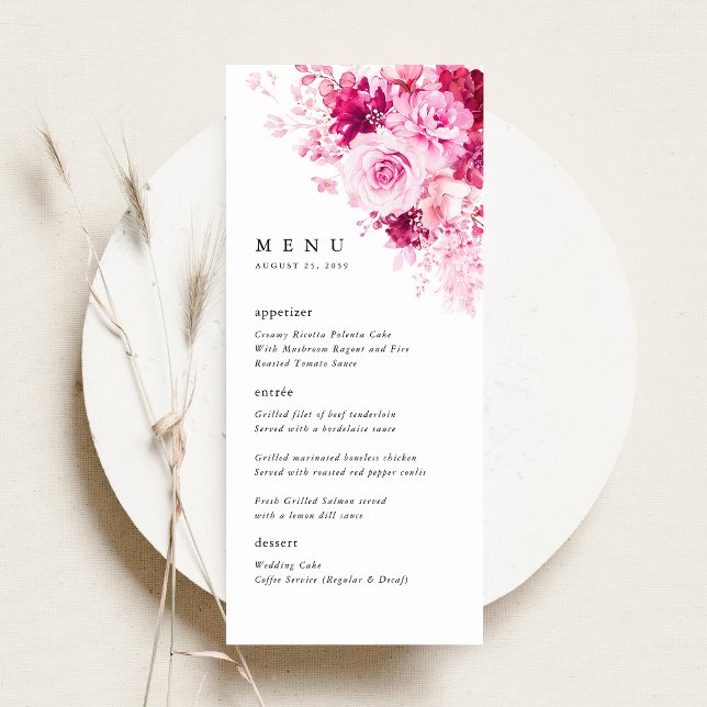 Menú de Cena de Recepción de Boda Floral Rosa Cali (Hot Pink Floral Wedding Menu Card, Pink Rose Peony Reception Menu, Elegant Garden Wedding Decor)