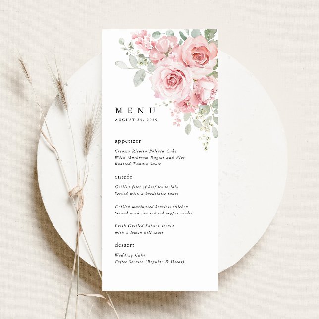Menú de Cena de Recepción de Boda Floral Rosa Rubo (Blush Rose Floral Wedding Menu Card, Blush Pink Rose Reception Menu, Watercolor Wedding Stationery)