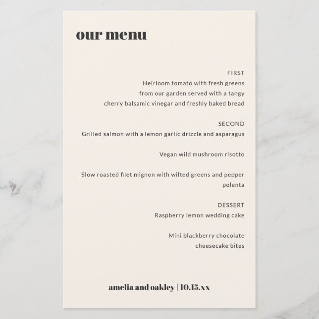 Menú de cena de recepción de boda retro en marfil  (Anverso)