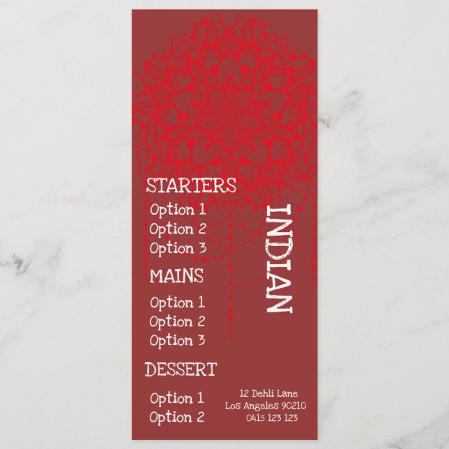 menú de cena de restaurante indio (Anverso)