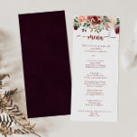 Menú de cena de verano rústico con caligrafía flor<br><div class="desc">Esta carta rústica de verano florida para la cena es perfecta para un boda sencillo. El diseño se compone de flores de color burdeos, rosa y azul con hojas verdes en un fondo manchado de color marrón. Este menú se puede utilizar para la recepción de bodas, la cena de ensayo,...</div>