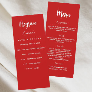 Menú de cena del programa de cumpleaños blanco roj