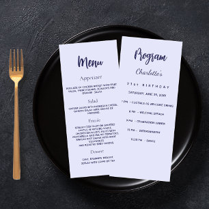 Menú de cena del programa de cumpleaños Lavender