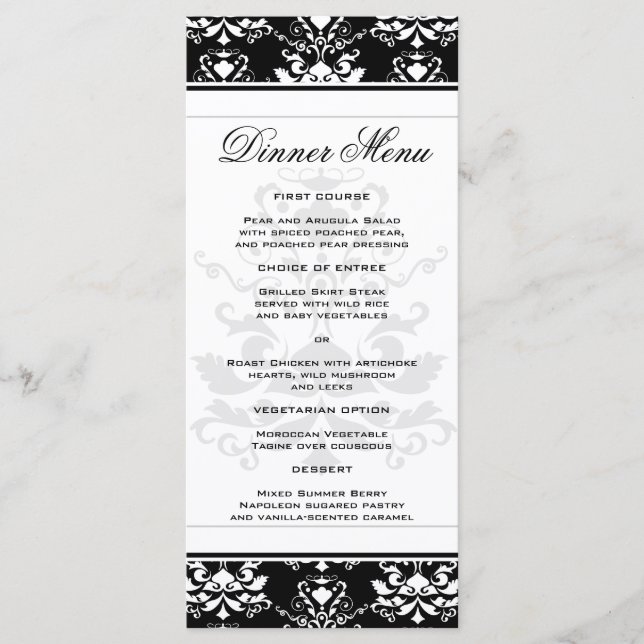 Menú de cena delgado de damasco blanco y negro (Anverso)