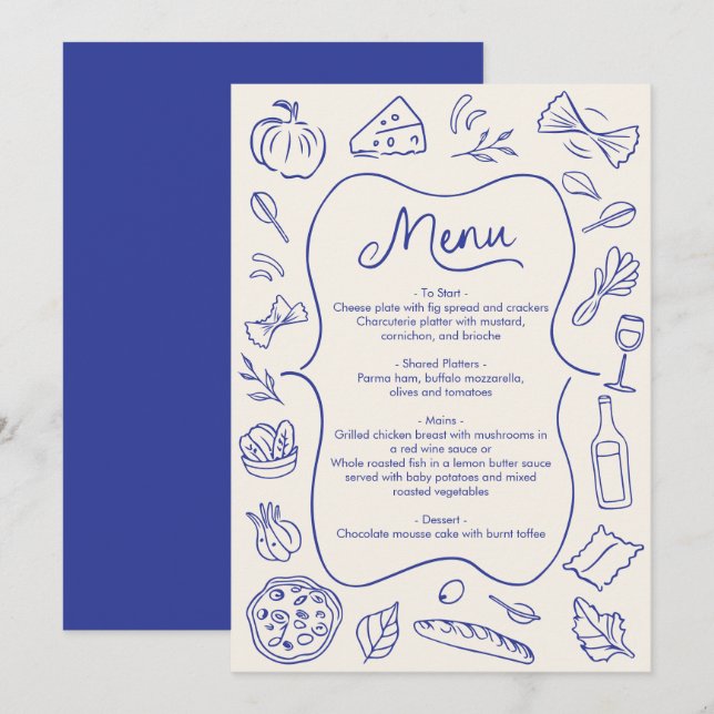 Menú de Cena Dibujado a Mano Italiano Azul (Anverso / Reverso)