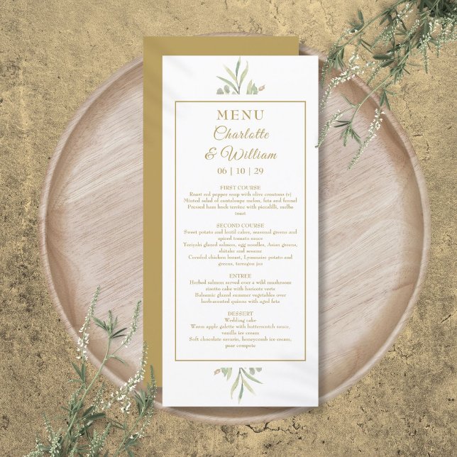 Menú de cena elegante con acuarela dorada y vegeta (Elegant Watercolor Greenery Gold Dinner Menu)