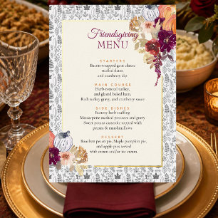 Menú de cena elegante de Friendsgiving con calabaz