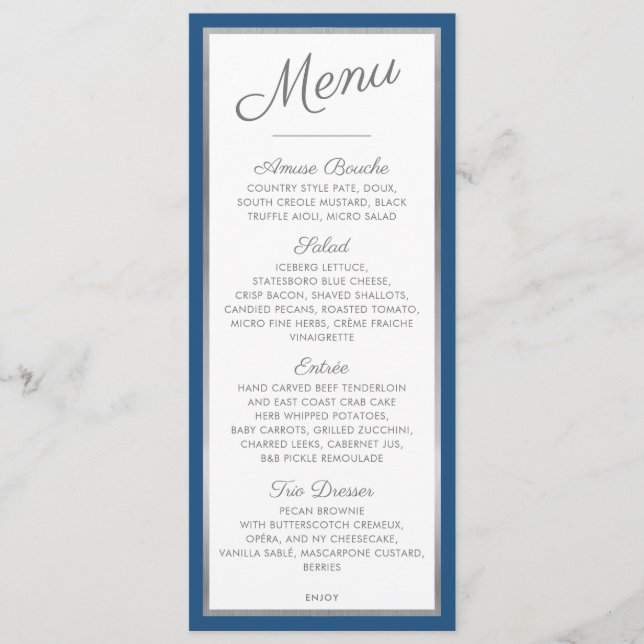 MENÚ DE CENA ELEGANTE recepción moderna gris azul (Anverso)