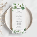 Menú de cena Eucalyptus Moderno<br><div class="desc">Esta carta de menú de la cena con caligrafía moderna de eucalipto es perfecta para un boda sencillo. El diseño presenta una acuarela de hojas y ramas de eucaliptos botánicos elegantes dibujadas a mano. Este menú se puede utilizar para la recepción de bodas, la cena de ensayo, la ducha de...</div>