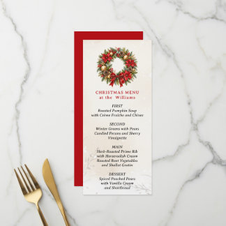 Menú de cena festiva con corona de Navidad en acua