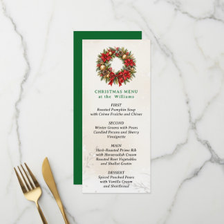 Menú de cena festiva con corona de Navidad en acua