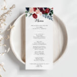 Menú de cena floral de la Marina Rosa de Borgoña<br><div class="desc">La carta de la cena es de color rosa burdeos y floral, ideal para un boda rústico. El diseño se compone de peonías color agua rosa, rubor, marina, azul y borgoña, rosas con follaje verde cuidadosamente ensamblados en elegantes ramos. Este menú se puede utilizar para la recepción de bodas, la...</div>