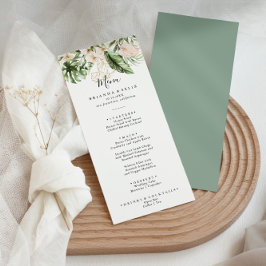 Menú de cena floral dorada de follaje tropical