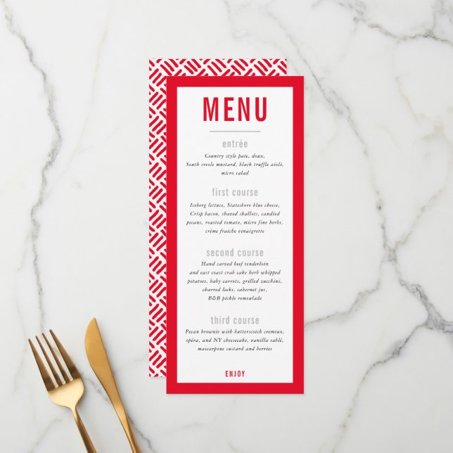 MENÚ DE CENA metalizado moderno cuadrícula roja ne (Anverso/Reverso In Situ)