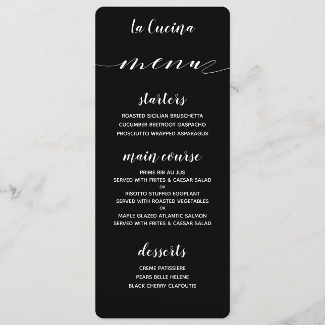 Menú de cena negra clásico de caligrafía blanca (Anverso)