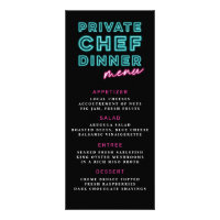 Menú de cena privada de chef con azul neón y rosa