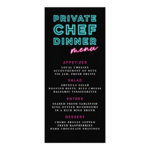 Menú de cena privada de chef con azul neón y rosa