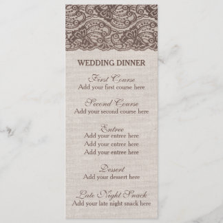 Menú de cena rústico Boda Burlap lace