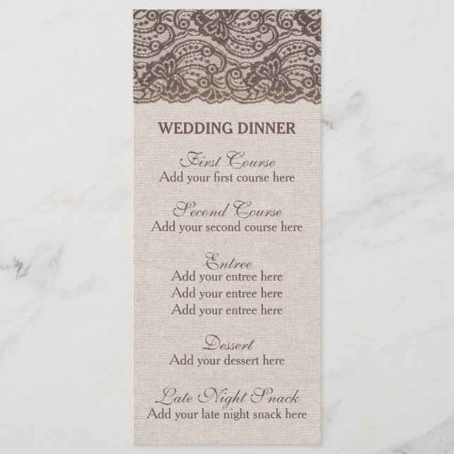 Menú de cena rústico Boda Burlap lace (Anverso)