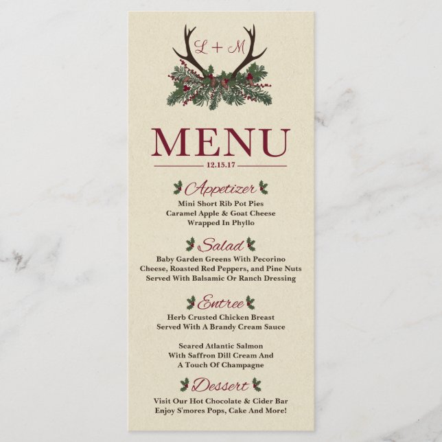 Menú de cena Rústico Boda de invierno de vacacione (Anverso)