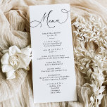 Menú de cena simple en blanco y negro Boda<br><div class="desc">Diseñada para coordinar con nuestra colección de bodas de guiones románticos,  esta tarjeta de menú de personalizable presenta un texto de caligrafía de guión amplio,  combinado con un tipo de letra serif elegante en negro con un monograma de personalizable en la parte posterior. Elementos coincidentes disponibles.</div>