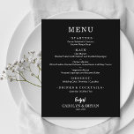 Menú de cena simple y elegante de Boda negro<br><div class="desc">Una carta de menú de la cena en negro muestra el menú con letras blancas de moda. Perfecto para una recepción nupcial moderna, cena de boda, fiesta de aniversario o cualquier evento especial con una cena. Elija CUALQUIER FONDO DE COLOR, cualquier TEXTO DE COLOR, cualquier FUENTE! Fácilmente personalizable con su...</div>
