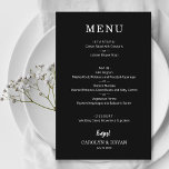 Menú de cena simple y elegante de Boda negro<br><div class="desc">Una carta negra de menú para la cena incluye un menú con letras blancas de moda. Precio asequible: 110 libras de papel de 5, 5" x 8, 5". Perfecto para una recepción nupcial moderna, cena de boda, fiesta de aniversario o cualquier evento especial con una cena. MÁS COLORES, tamaños y...</div>