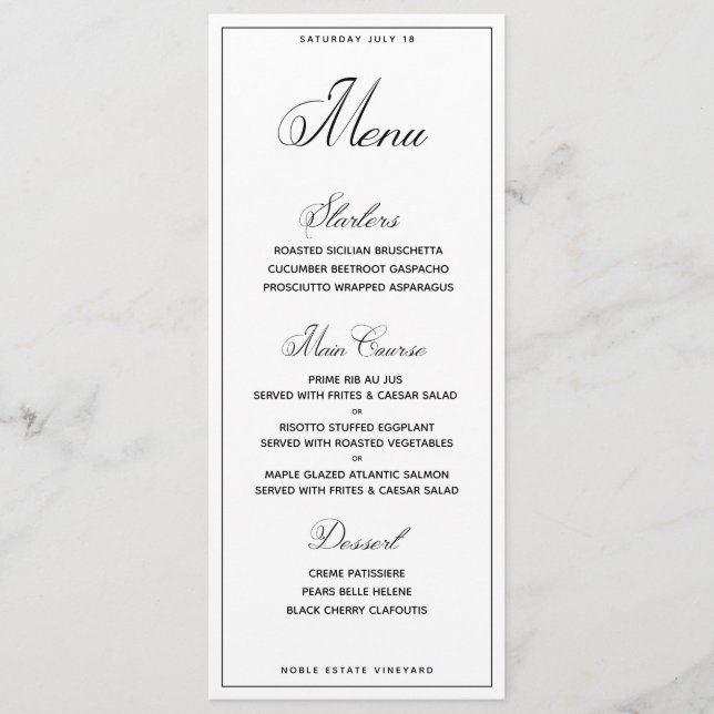 Menú de cena sólo con guión de Boda clásico (Anverso)