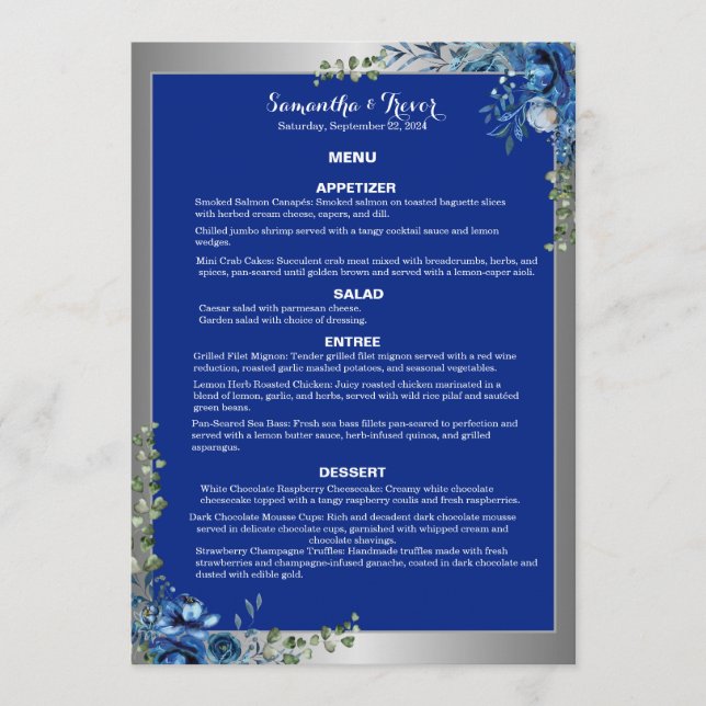 Menú de cena Sueños de Plata Lustrosa y Azul Azure (Anverso)