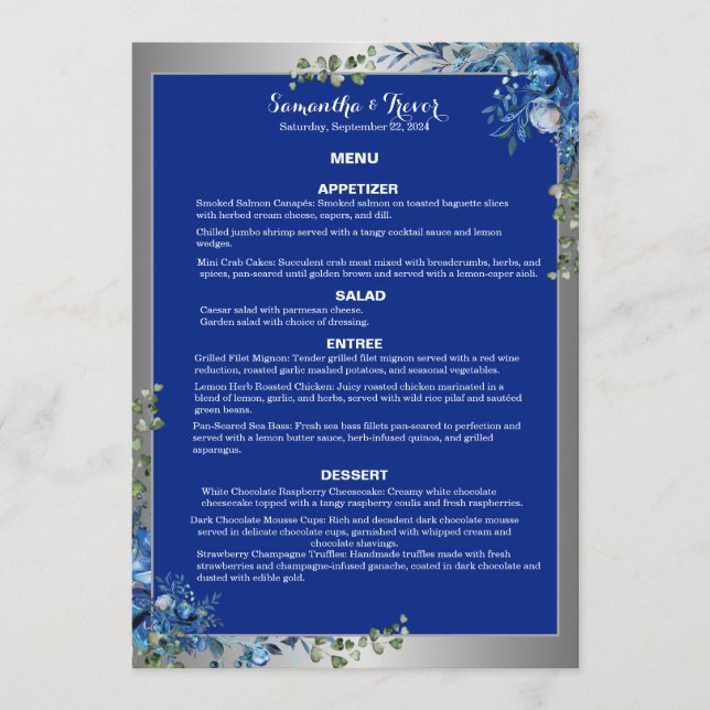 Menú de cena Sueños de Plata Lustrosa y Azul Azure (Anverso)