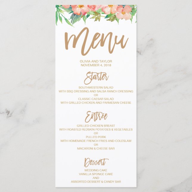 Menú de cena verde y floral rosa y Boda dorado (Anverso)