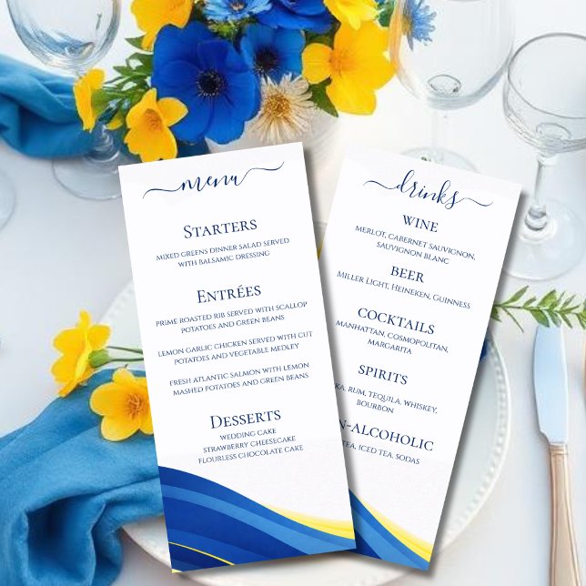 Menú de Cena y Bar de Boda Azul y Amarillo (Cobalt Blue and Lemon Yellow Wedding Dinner and Bar Menu)