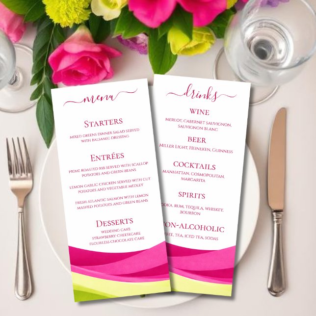 Menú de cena y bar de boda en fucsia y verde lima (Fuchsia and Lime Green Wedding Dinner and Bar Menu )