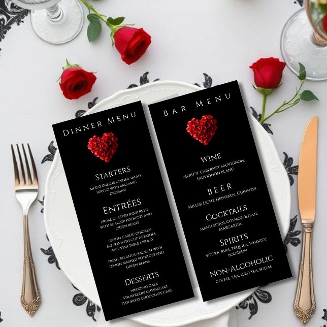 Menú de cena y bar de boda - Rosas rojas en forma  (Wedding Dinner and Bar Menu-Heart Shaped Red Roses Menu)