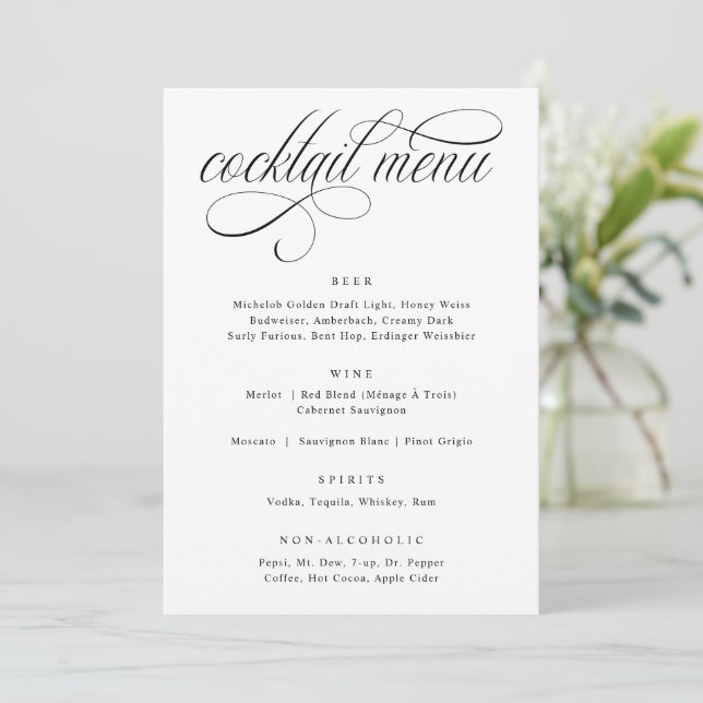 Menú de Cóctel de Boda de Lujo con Caligrafía Eleg (Anverso de pie)