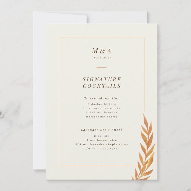 Menú de cócteles de la rama del Naranja de la boda (Anverso)
