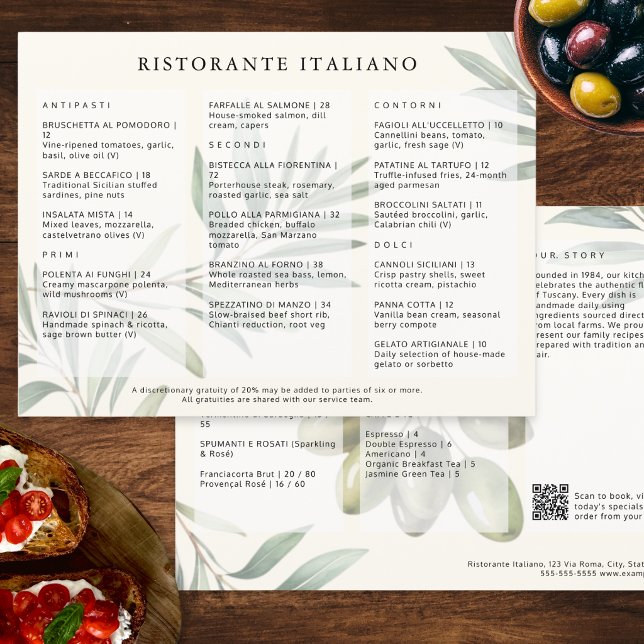 Menú de código QR moderno y elegante para restaura (A menu for an Italian restaurant, with olives design and customizable QR code and text)