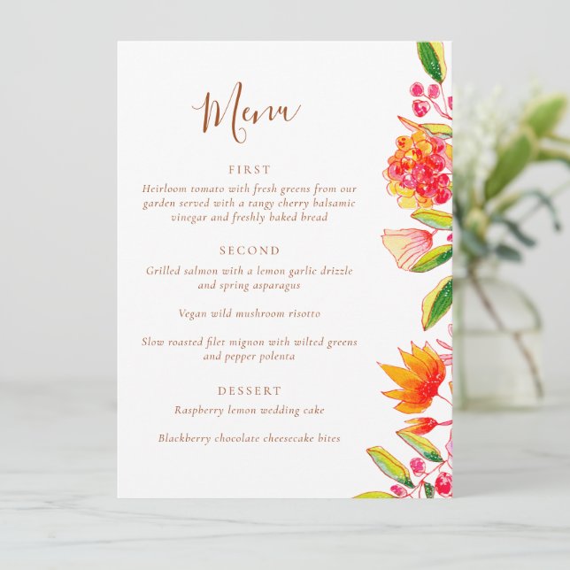 Menú de comedor de boda floral acuarela rosa naran (Anverso de pie)