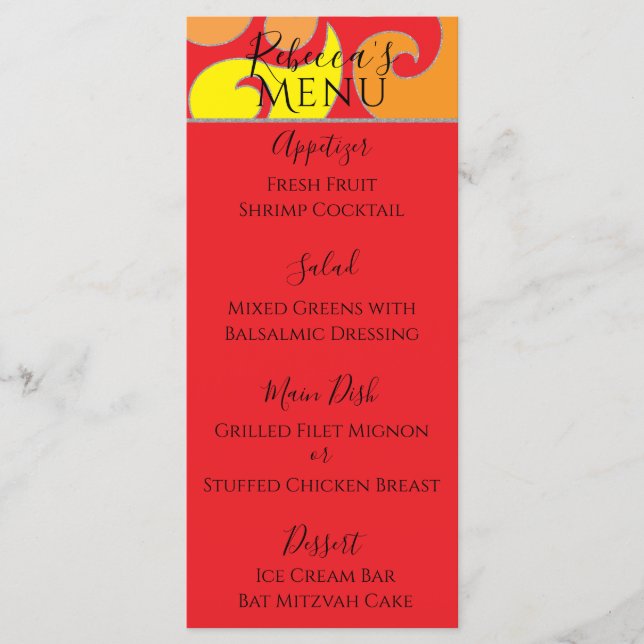 Menú de comida de diseño del BM Bat Bar Mitzvah de (Anverso)