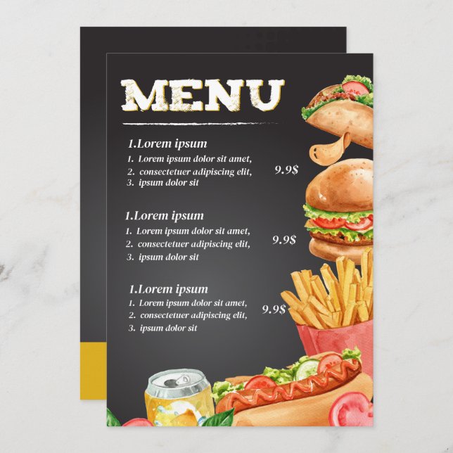Menú de comida del restaurante Fastfood (Anverso / Reverso)