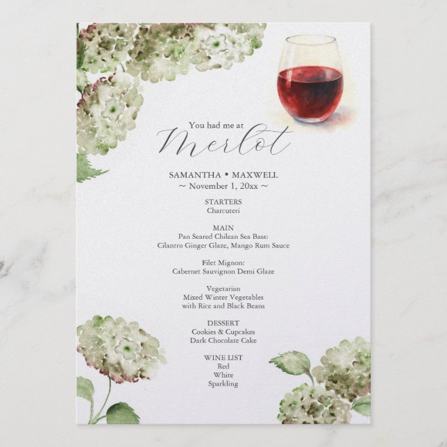 Menú de comida para cata de vinos | Hydrangeas (Anverso)