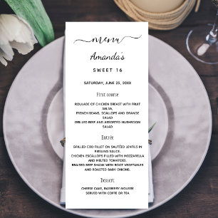 Menú de cumpleaños blanco negro elegante