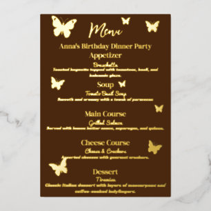 Menú de cumpleaños con tema de mariposa marrón