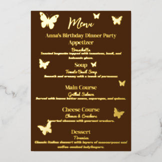 Menú de cumpleaños con tema de mariposa marrón