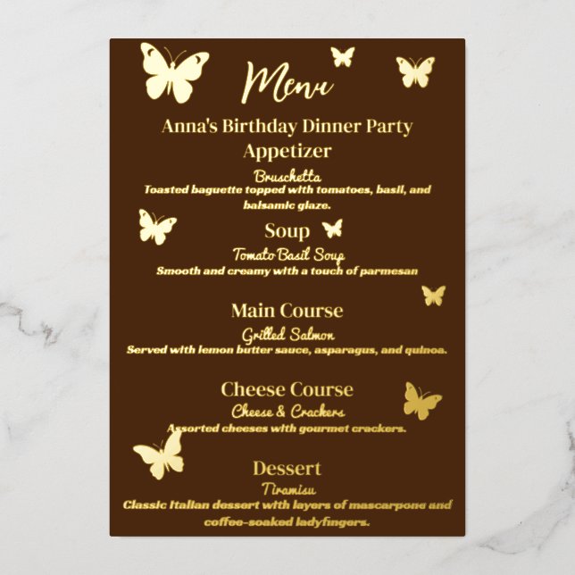 Menú de cumpleaños con tema de mariposa marrón (Anverso)