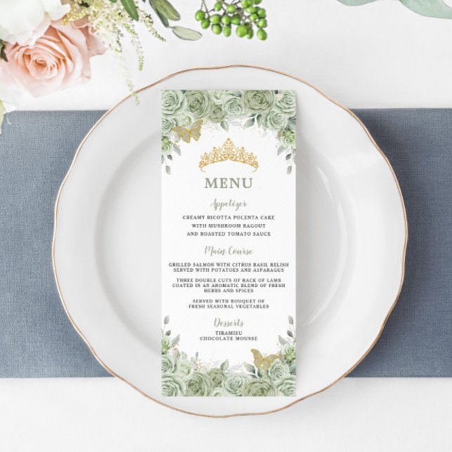 Menú de cumpleaños de Sage Green Floral Gold Quinc (Subido por el creador)