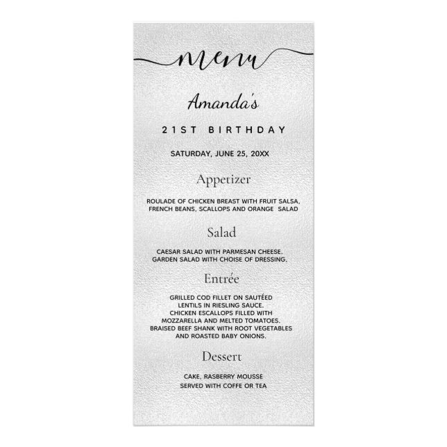 Menú de cumpleaños foto de plata hechos divertidos (Frente)